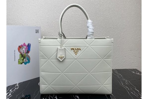 Replica Prada 1BA377 Large leather Prada Symbole bag with topstitching in White Leather