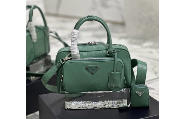 Replica Prada 1BB099 Antique nappa leather multi-pocket top-handle bag in Green Leather