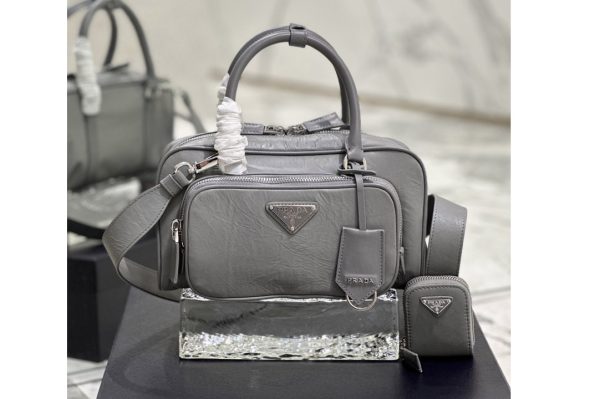 Replica Prada 1BB099 Antique nappa leather multi-pocket top-handle bag in Gray Leather