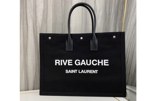 Replica Saint Laurent 499290 YSL RIVE GAUCHE TOTE BAG IN Black LINEN AND LEATHER