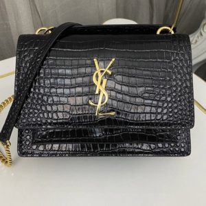 Replica Saint Laurent 533026 YSL SUNSET CHAIN WALLET Bag IN Black CROCODILE-EMBOSSED SHINY LEATHER Gold Buckle