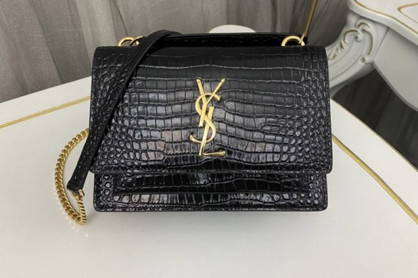 Replica Saint Laurent 533026 YSL SUNSET CHAIN WALLET Bag IN Black CROCODILE-EMBOSSED SHINY LEATHER Gold Buckle