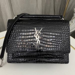 Replica Saint Laurent 533026 YSL SUNSET CHAIN WALLET Bag IN Black CROCODILE-EMBOSSED SHINY LEATHER Silver Buckle