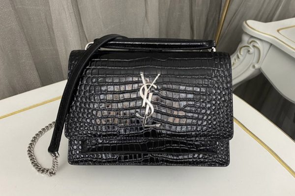 Replica Saint Laurent 533026 YSL SUNSET CHAIN WALLET Bag IN Black CROCODILE-EMBOSSED SHINY LEATHER Silver Buckle