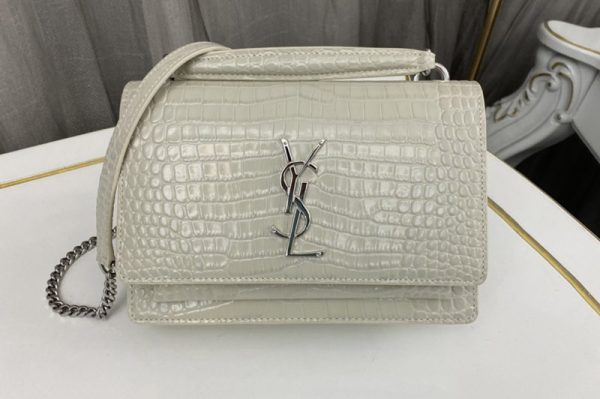 Replica Saint Laurent 533026 YSL SUNSET CHAIN WALLET Bag IN White CROCODILE-EMBOSSED SHINY LEATHER