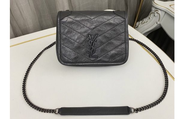 Replica Saint Laurent 583103 YSL Niki Chain WALLET Bag IN Grey vintage crinkled leather