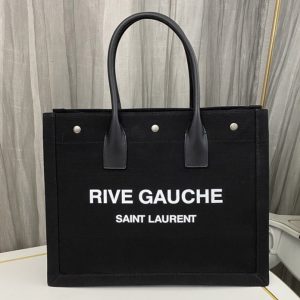 Replica Saint Laurent 617481 YSL RIVE GAUCHE SMALL TOTE BAG IN Black LINEN AND LEATHER