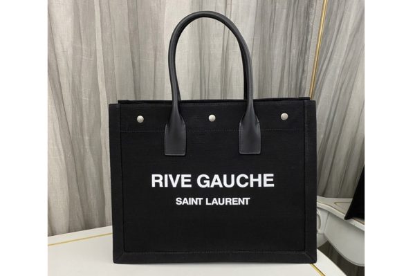 Replica Saint Laurent 617481 YSL RIVE GAUCHE SMALL TOTE BAG IN Black LINEN AND LEATHER