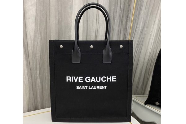 Replica Saint Laurent 631682 YSL RIVE GAUCHE N/S SHOPPING BAG IN Black LINEN AND COTTON