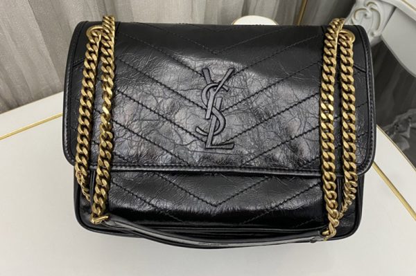 Replica Saint Laurent 633158 YSL NIKI MEDIUM Bag IN Black VINTAGE CRINKLED LEATHER Gold Buckle