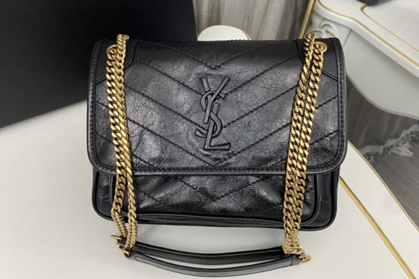 Replica Saint Laurent 633160 YSL niki Baby bag in Black vintage crinkled leather Gold Buckle