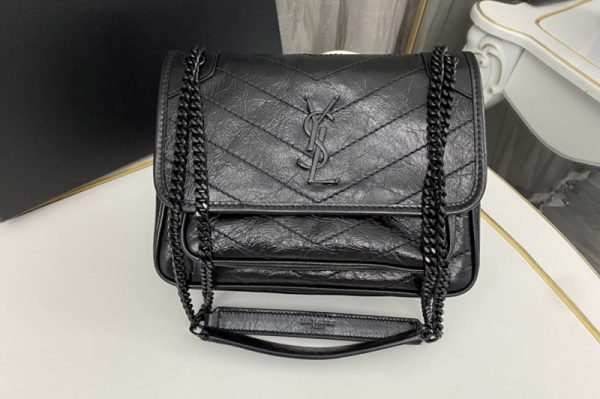 Replica Saint Laurent 633160 YSL niki Baby bag in Black vintage crinkled leather Black Buckle