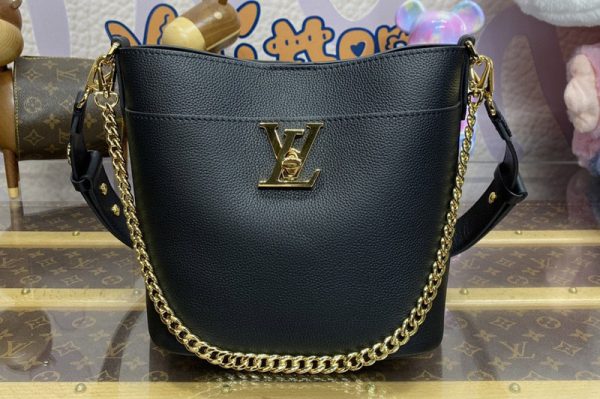 Replica Louis Vuitton M24006 LV Lock and Walk bucket bag in Black Grained calf leather